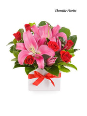 Elegant Pink Lily & Red Rose Box Arrangement