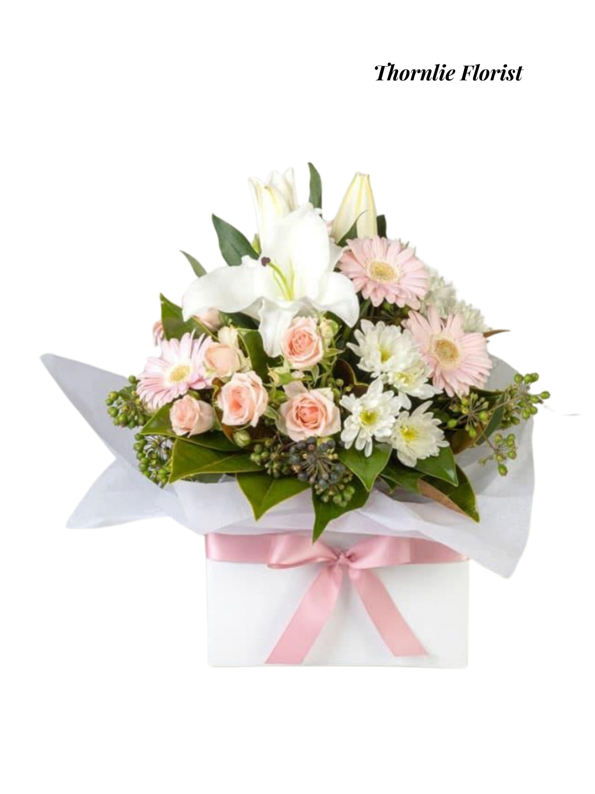 Soft Pink Roses, Lilies & Gerberas Box Arrangement