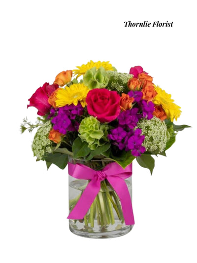 Vibrant Mixed Blooms in Glass Vase