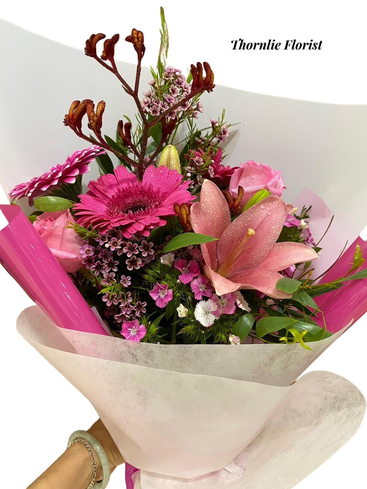Pink Elegance Bouquet featuring pink lilies and gerbera daisies by Thornlie Florist