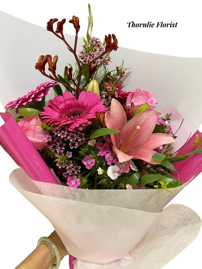 Pink Elegance Bouquet featuring pink lilies and gerbera daisies by Thornlie Florist