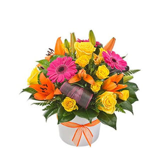 VIVA colorful flower bouquet with yellow roses, pink gerberas, and orange lilies in a white pot