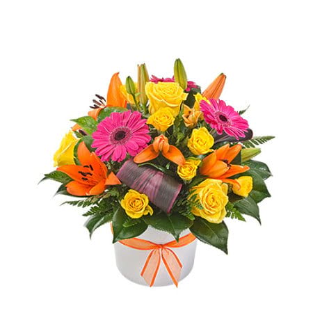 Viva floral arrangement with yellow roses, pink gerberas, and orange lilies by Thornlie Flourist