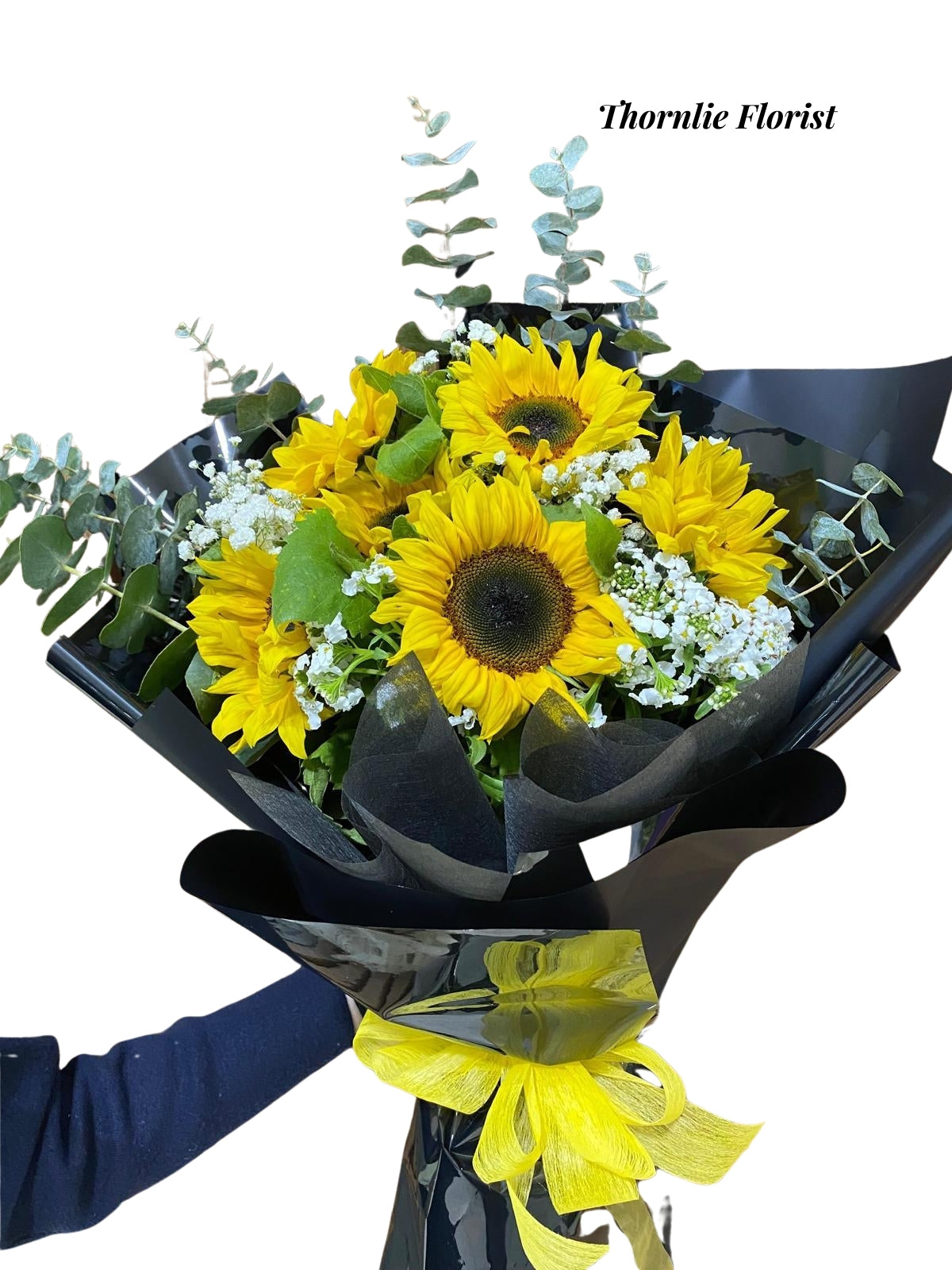 Golden Glow Bouquet of bright yellow sunflowers and white baby's breath by Thornlie Florist