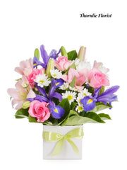 Pastel Delight Box Arrangement – Roses, Irises, Lilies & Daisies