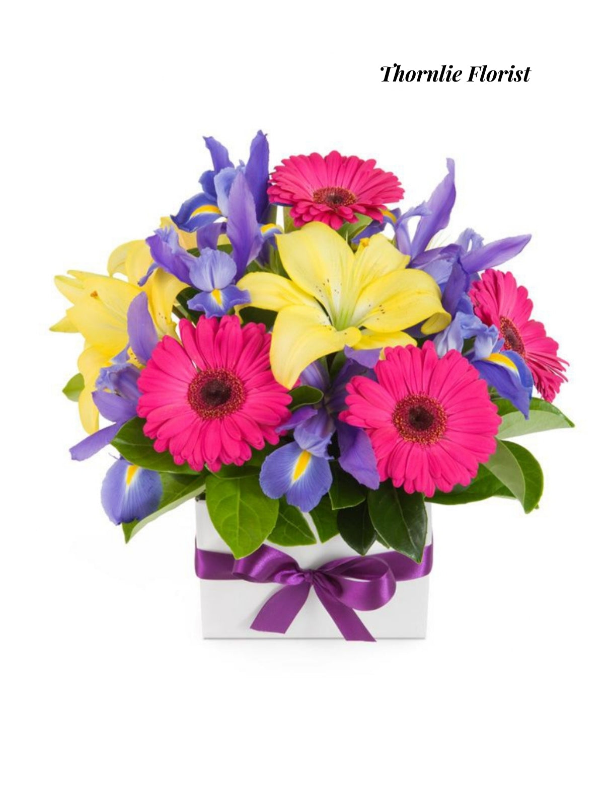 Bright Blooms Box Arrangement – Gerberas, Lilies & Irises