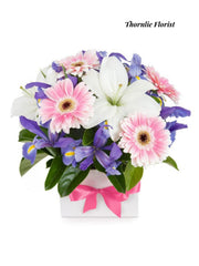 Pastel Gerbera & Lily Box Arrangement – Fresh Seasonal Blooms