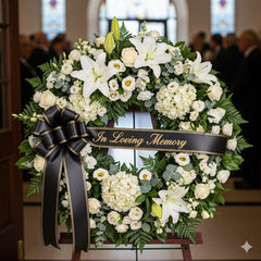 Elegant White Sympathy Wreath – “In Loving Memory”