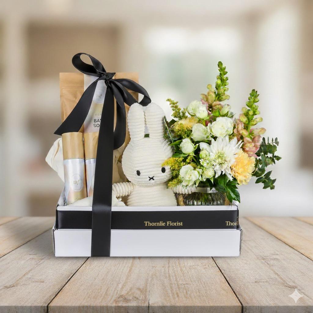 Newborn Baby Gift Box with Plush Toy & Flowers