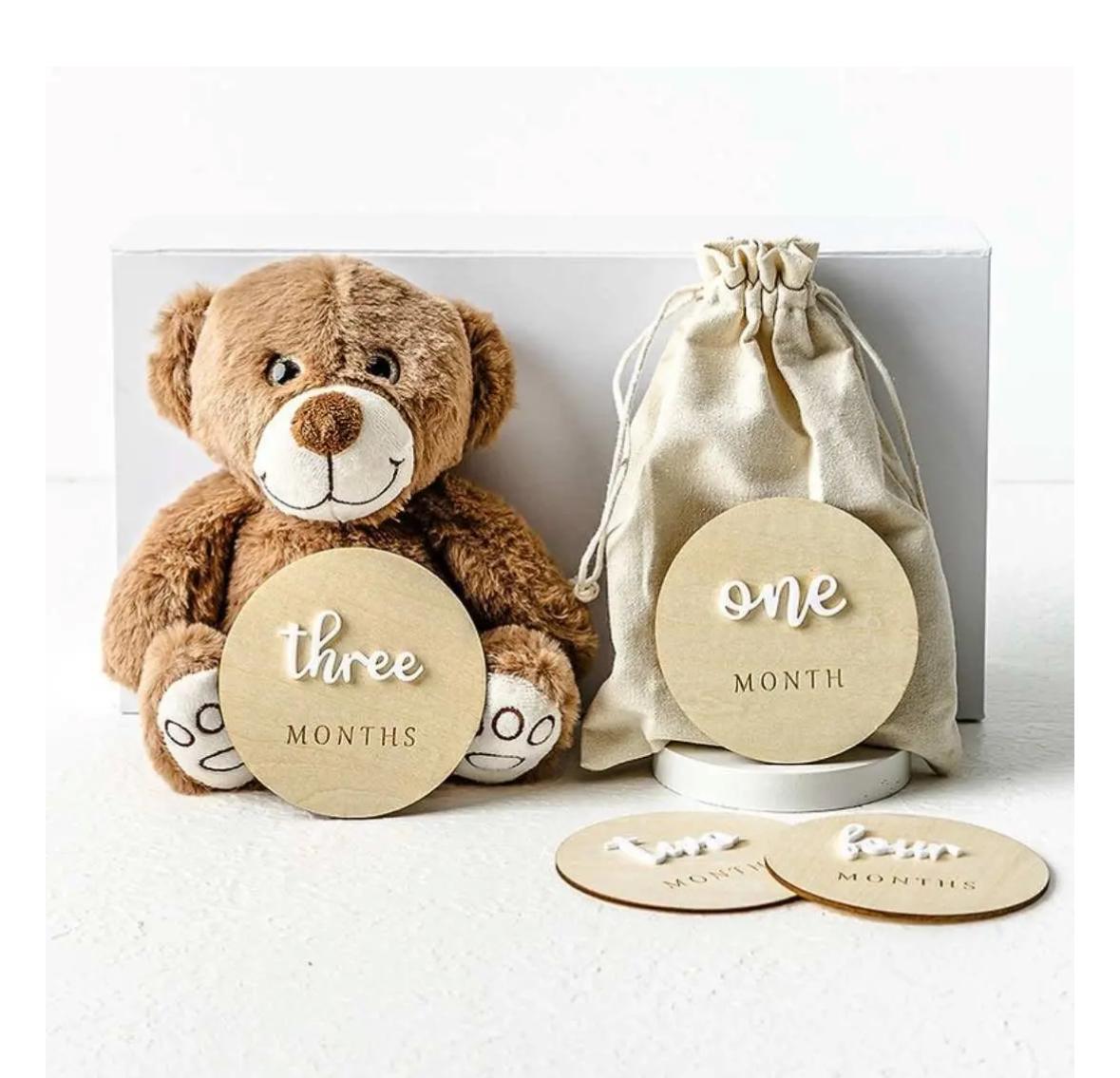 Wooden Baby Milestone Discs with Plush Teddy Bear Gift Set