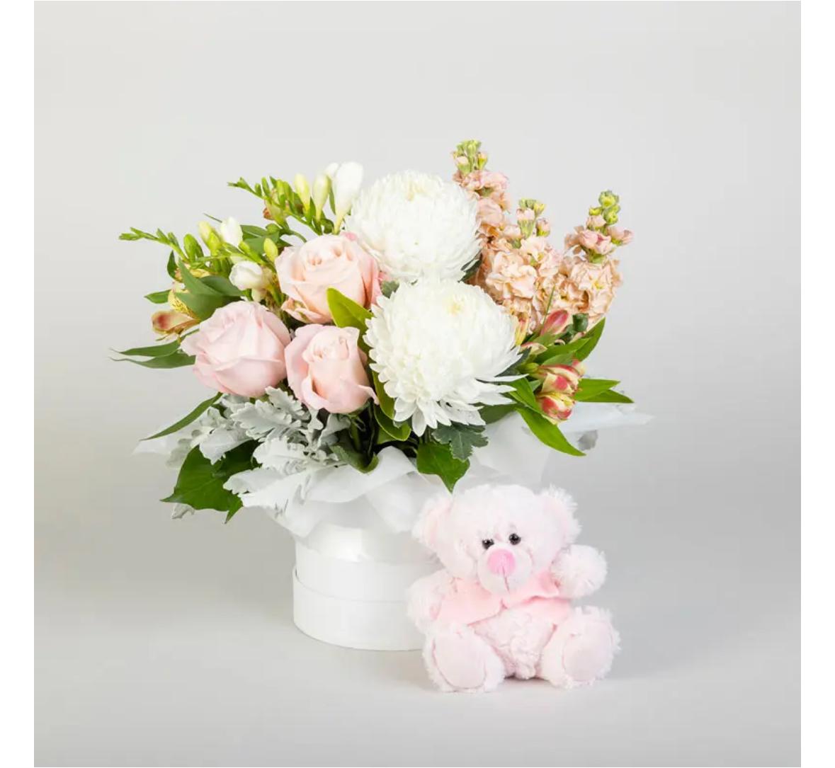 Elegant Baby Girl Flower Arrangement with Plush Teddy Bear