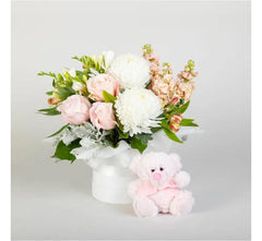 Elegant Baby Girl Flower Arrangement with Plush Teddy Bear