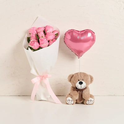 The "Sweetest Sentiments" Gift Bundle - Pink Roses, Teddy & Balloon