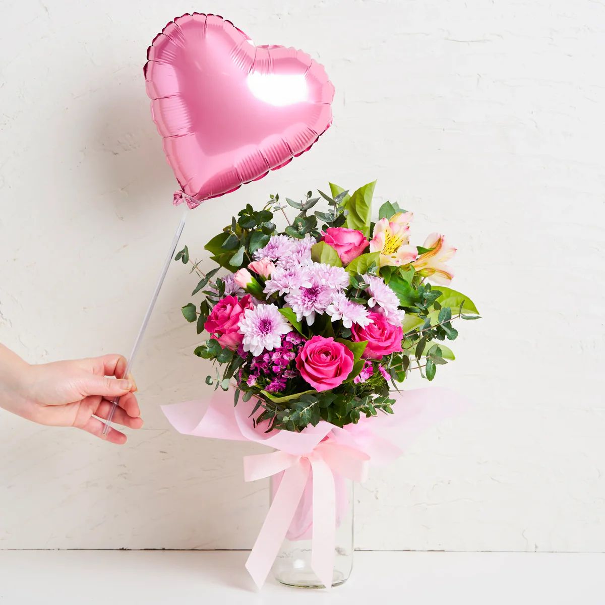 Pink Celebration Mixed Bouquet with Heart Balloon (Vase Not Included)
