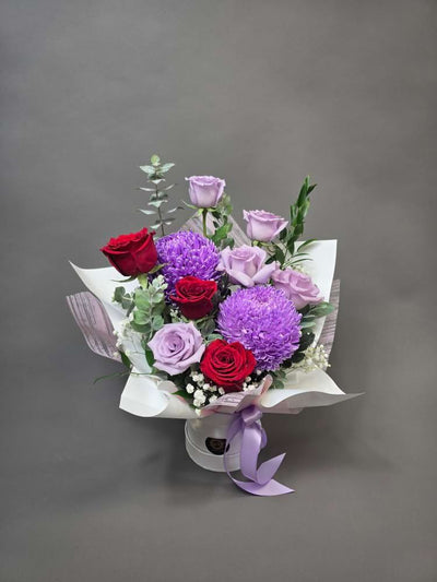Royal Velvet Box Arrangement – Red Roses & Purple Disbud Mums