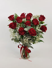 Midnight Romance – One Dozen Premium Red Roses in Glass Vase