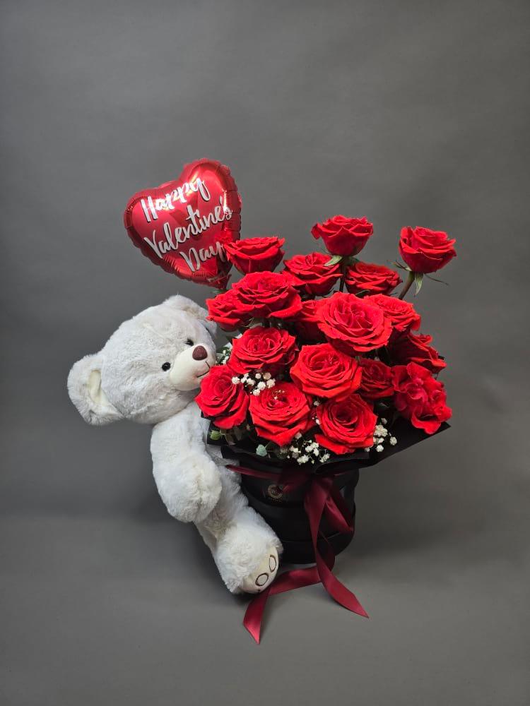 Ultimate Valentine’s Deluxe Bundle – 24 Red Roses, Large Grey Bear & Balloon