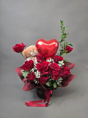 Cupid’s Ultimate Gift Set – Red Roses, Teddy Bear & Heart Balloon