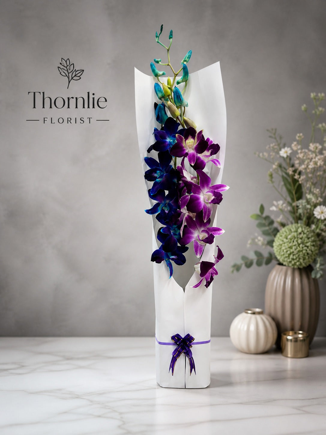 Royal Blue & Purple Dendrobium Orchid Bouquet