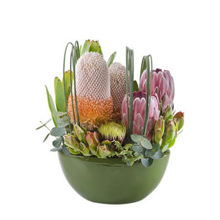 Kirra Bouquet by Thornlie Flourist featuring pink proteas and white banksia in a green bowl